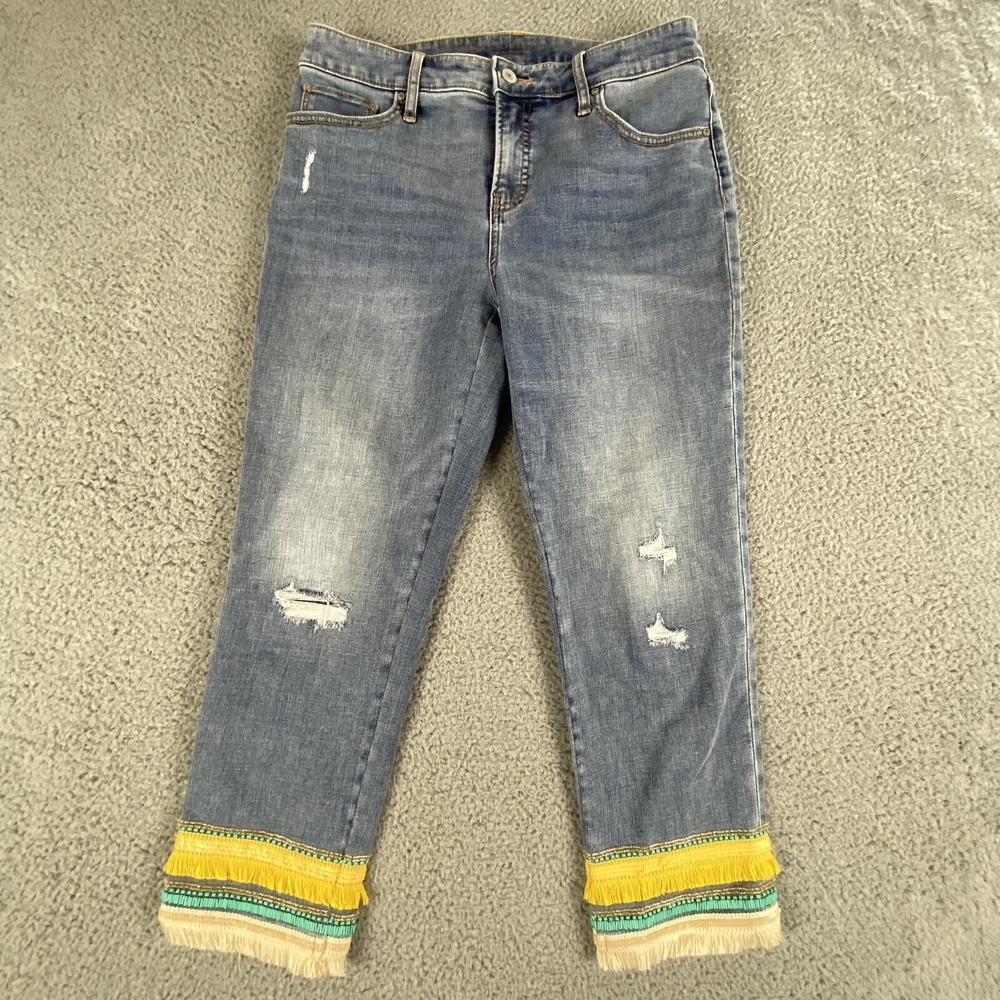 Chicos Jeans Womens 0 Blue So Slimming Girlfriend Slim Leg Crop Embroidered US 4